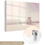 MuchoWow Glasschilderij 180x120 cm - Schilderij acrylglas - Strand - Hut - Zon - Zee - Zomer - Foto op glas - Schilderijen