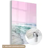 MuchoWow Glasschilderij 120x160 cm - Schilderij acrylglas - Zee - Golven - Roze - Natuur - Foto op glas - Schilderijen