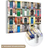 MuchoWow Glasschilderij 80x60 cm - Schilderij acrylglas - Deuren - Regenboog - Architectuur - Collage - Foto op glas - Schilderijen
