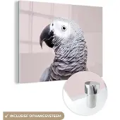 MuchoWow Glasschilderij 160x120 cm - Schilderij acrylglas - Papegaai - Grijs - Dieren - Natuur - Foto op glas - Schilderijen