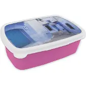 MuchoWow Broodtrommel Roze - Lunchbox - Brooddoos - Straat - Blauw - Deuren - Huizen - 18x12x6 cm - Kinderen - Meisje