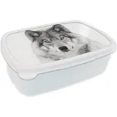 MuchoWow Broodtrommel Wit - Lunchbox - Brooddoos - Wolf - Dieren - Portret - Wit - 18x12x6 cm - Volwassenen
