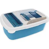 MuchoWow Broodtrommel Blauw - Lunchbox - Brooddoos - Deur - Blauw - Wit - Architectuur - 18x12x6 cm - Kinderen - Jongen