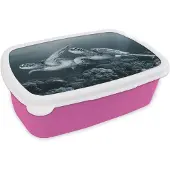 MuchoWow Broodtrommel Roze - Lunchbox - Brooddoos - Schildpad - Zeedieren - Zwart wit - Wilde dieren - 18x12x6 cm - Kinderen - Meisje
