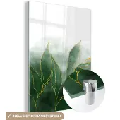 MuchoWow Glasschilderij 90x120 cm - Schilderij acrylglas - Marmer - Groen - Luxe - Goud - Marmerlook - Foto op glas - Schilderijen