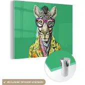 MuchoWow Glasschilderij 40x30 cm - Schilderij acrylglas - Zebra - Bril - Hippie - Bloemen - Dieren - Foto op glas - Schilderijen
