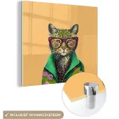 MuchoWow Glasschilderij 50x50 cm - Schilderij acrylglas - Dieren - Kat - Bril - Bloemen - Hippie - Foto op glas - Schilderijen