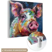 MuchoWow Glasschilderij 90x90 cm - Schilderij acrylglas - Varken - Olieverf - Dieren - Kunst - Foto op glas - Muurdecoratie woonkamer - Wanddecoratie slaapkamer - Schilderijen