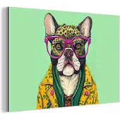 MuchoWow Wanddecoratie Metaal - Aluminium Schilderij Industrieel - Hond - Hippie - Dieren - Bril - 120x80 cm - Dibond - Foto op aluminium - Industriële muurdecoratie - Voor de woonkamer/slaapkamer