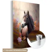 MuchoWow Glasschilderij 90x120 cm - Schilderij acrylglas - Paard - Bloemen - Natuur - Paars - Dieren - Foto op glas - Muurdecoratie woonkamer - Wanddecoratie slaapkamer - Schilderijen