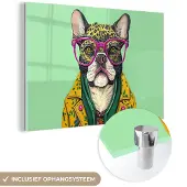 MuchoWow Glasschilderij 180x120 cm - Schilderij acrylglas - Hond - Hippie - Dieren - Bril - Foto op glas - Schilderijen