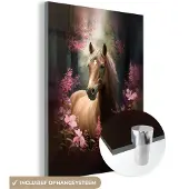 MuchoWow Glasschilderij 120x160 cm - Schilderij acrylglas - Paard - Bloemen - Roze - Natuur - Bos - Foto op glas - Muurdecoratie woonkamer - Wanddecoratie slaapkamer - Schilderijen