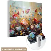 MuchoWow Glasschilderij 90x90 cm - Schilderij acrylglas - Bloemen - Kunst - Natuur - Olieverf - Foto op glas - Muurdecoratie woonkamer - Wanddecoratie slaapkamer - Schilderijen