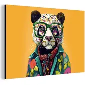 MuchoWow Wanddecoratie Metaal - Aluminium Schilderij Industrieel - Panda - Bril - Bloemen - Hippie - 180x120 cm - Dibond - Foto op aluminium - Industriële muurdecoratie - Voor de woonkamer/slaapkamer