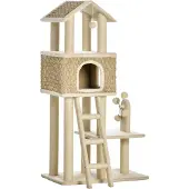 PawHut Kattenmeubel D30-431, met kattenhol, inclusief speeltje, jute stelen, groot platform, spaanplaat, pluche, 131 cm