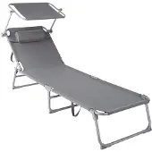 TecTake - ligstoel, robuust, verstelbaar, stalen onderstel met zonnescherm, 4-standen rugleuning inclusief hoofdkussen, strandstoel Ideaal voor tuin, zwembad, camping - grijs
