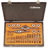 Beta Assortiment van verchroomde tappen en snijplaten, metrische draad, met toebehoren in houten kist 446/C30 - 004460055