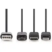 Nedis 3-in-1-Kabel | USB 2.0 | USB-A Male | Apple Lightning 8-Pins / USB Micro-B Male / USB-C Male | 480 Mbps | 1.00 m | Vernikkeld | Rond | PVC | Zwart | Label - CCGL60620BK10