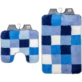 Wicotex Wicotex-Badmat set met Toiletmat-WC mat-met uitsparing blauw wit geblokt-Antislip onderkant