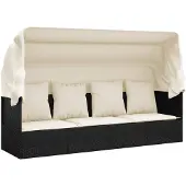 vidaXL Loungebed met luifel en kussens poly rattan zwart