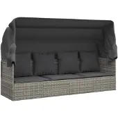 vidaXL Loungebed met luifel en kussens poly rattan grijs