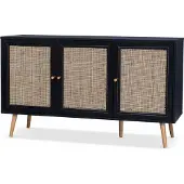 Sweeek Dressoir met 3 deuren houtdecor en rotan 120cm Zwart