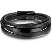 Victorious Leren Armband Heren – Zwarte Stroken Leer & Zwarte Elementen – Zwart – 19cm