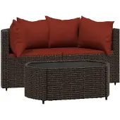vidaXL 3-delige Loungeset met kussens poly rattan bruin