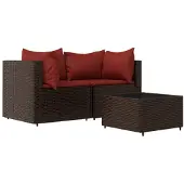 vidaXL 3-delige Loungeset met kussens poly rattan bruin