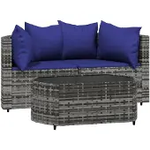 vidaXL 3-delige Loungeset met kussens poly rattan grijs