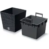 Prosperplast Plantenpot/bloempot Furu Stripes - voor buiten - kunststof - antraciet - vierkant - D24 x H23.5 cm - Plante