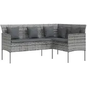 vidaXL Loungebank met kussens L-vormig poly rattan grijs