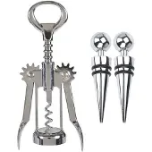 Excellent houseware Hevel kurkentrekker/flessenopener rvs met 2x afsluitdoppen - Kurkentrekkers