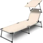 Tillvex - Aluminium ligstoel, Beige opvouwbaar met dak tuinstoel ligbed strandstoel camping