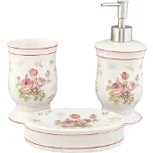 Clayre & Eef Badkamerset Set van 4 Beige Keramiek Le bain Badkamer Accessoires Set Beige Badkamer Accessoires Set