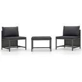 vidaXL 3-delige Loungeset met kussens poly rattan grijs