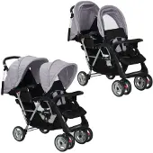vidaXL Kinderwagen dubbel staal grijs en zwart