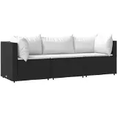 vidaXL 3-delige Loungeset met kussens poly rattan zwart