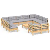 vidaXL 12-delige loungeset voor de tuin met grijze kussens, gemaakt van massief grenenhout