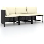 vidaXL 3-delige Loungeset met kussens poly rattan zwart
