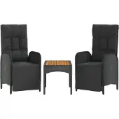 vidaXL 3-delige Loungeset met kussens poly rattan zwart