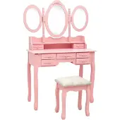vidaXL Schminktafel met krukje en drievoudige spiegel, roze