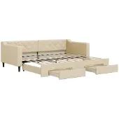 vidaXL Slaapbank met onderschuifbed en lades 90x200 cm stof crèmekleur