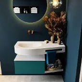 Mondiaz riva 100 cm badmeubel onderkast /planchet kleur smag met 1 lade. Wastafel dulcet links 0 kraangaten kleur talc.
