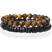 Memphis Stacked Armband - Hout & Matte Tiger Eye-19cm