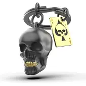 Metalmorphose sleutelhanger zwarte schedel met speelkaart - Zwart / Metaal