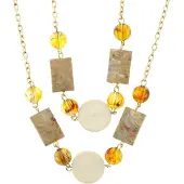 Behave - Lange dubbele goudkleurige ketting met beige kralen, 76 cm