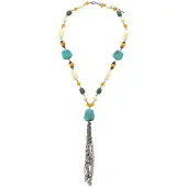 Behave - Ketting met turquoise en bruine kralen - Lange hanger - Nikkelvrij - 54 cm + 7,5 cm verlengketting