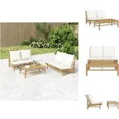 vidaXL - 2-delige - Loungeset - met - kussens - bamboe - crèmewit