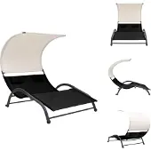 vidaXL Ligbed Tweepersoons - Met Luifel - Textileen - Zwart Tweepersoons Ligbed - Lounge Bed - Zonnebed - Tuinset - Buitendecor